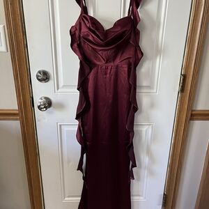 Selfie Leslie Satin Burgundy Ruffle Maxi Dress
